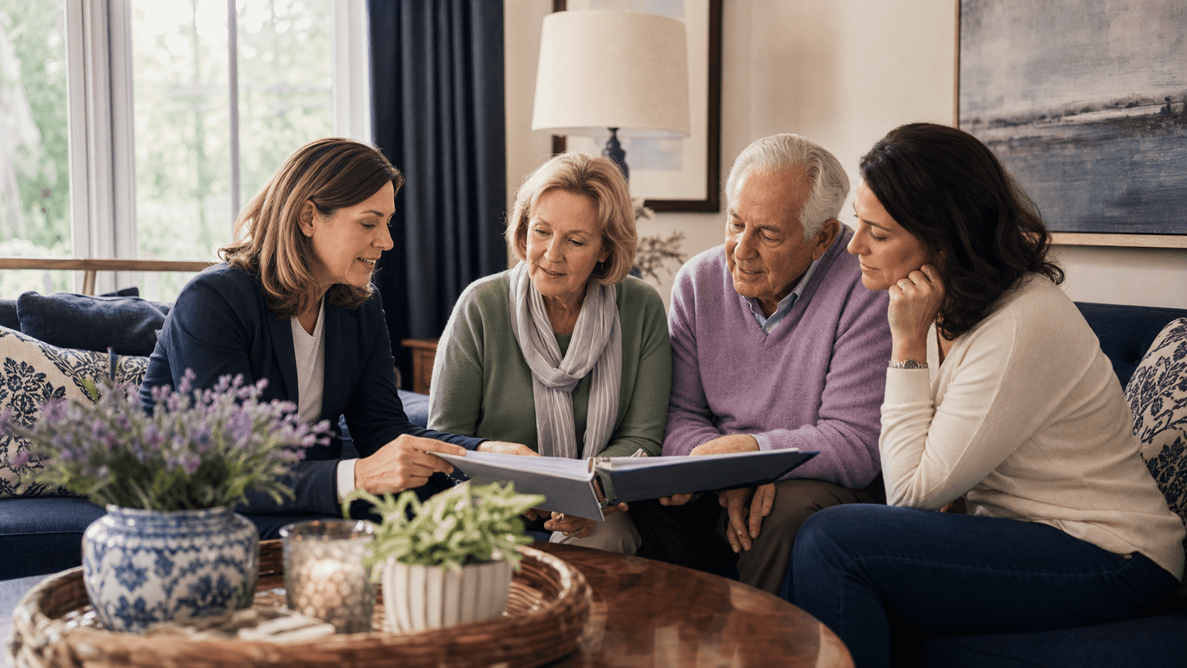 A care coordinator reviewing a homecare plan with an older couple and their daughter in Jericho