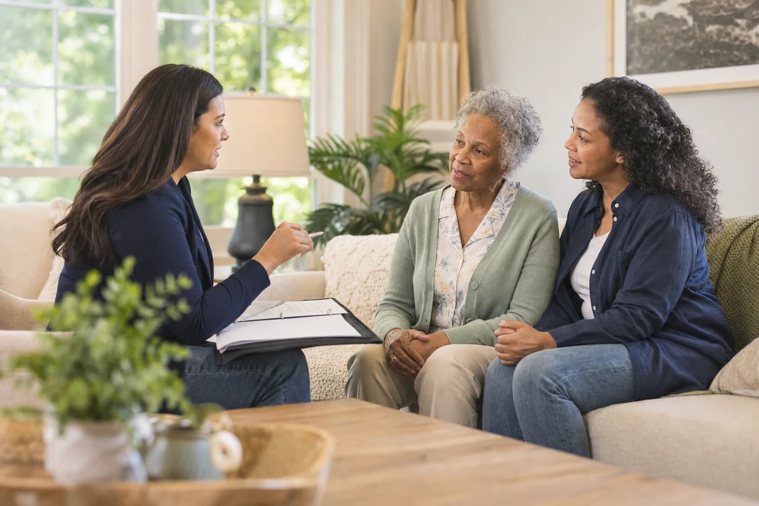 An Alabama family discussing a homecare plan with a care coordinator serving Dutton, AL