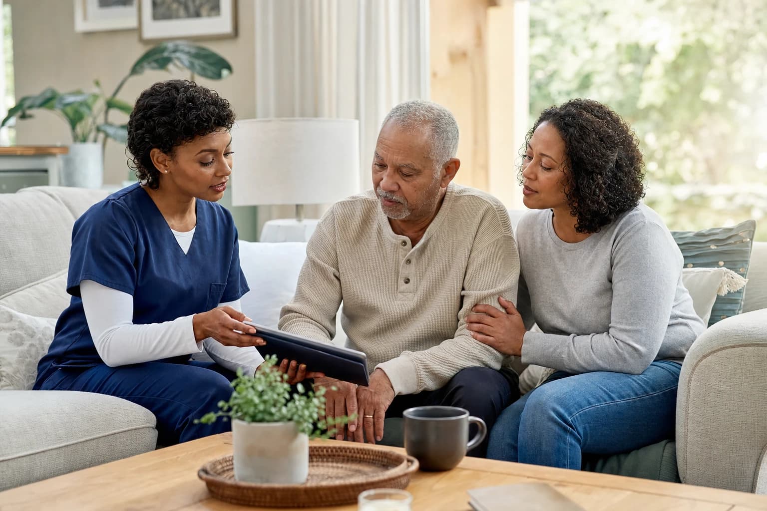 A Georgia family reviewing a homecare plan with a nurse at home serving Bridleton, GA