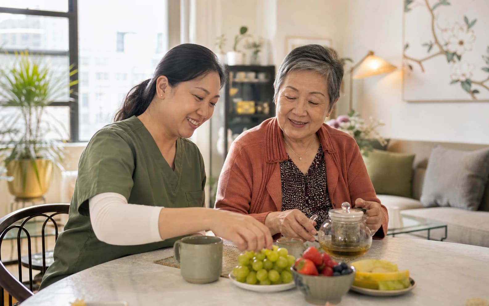 A caregiver preparing a healthy breakfast with an older adult at home serving Chartwell, GA