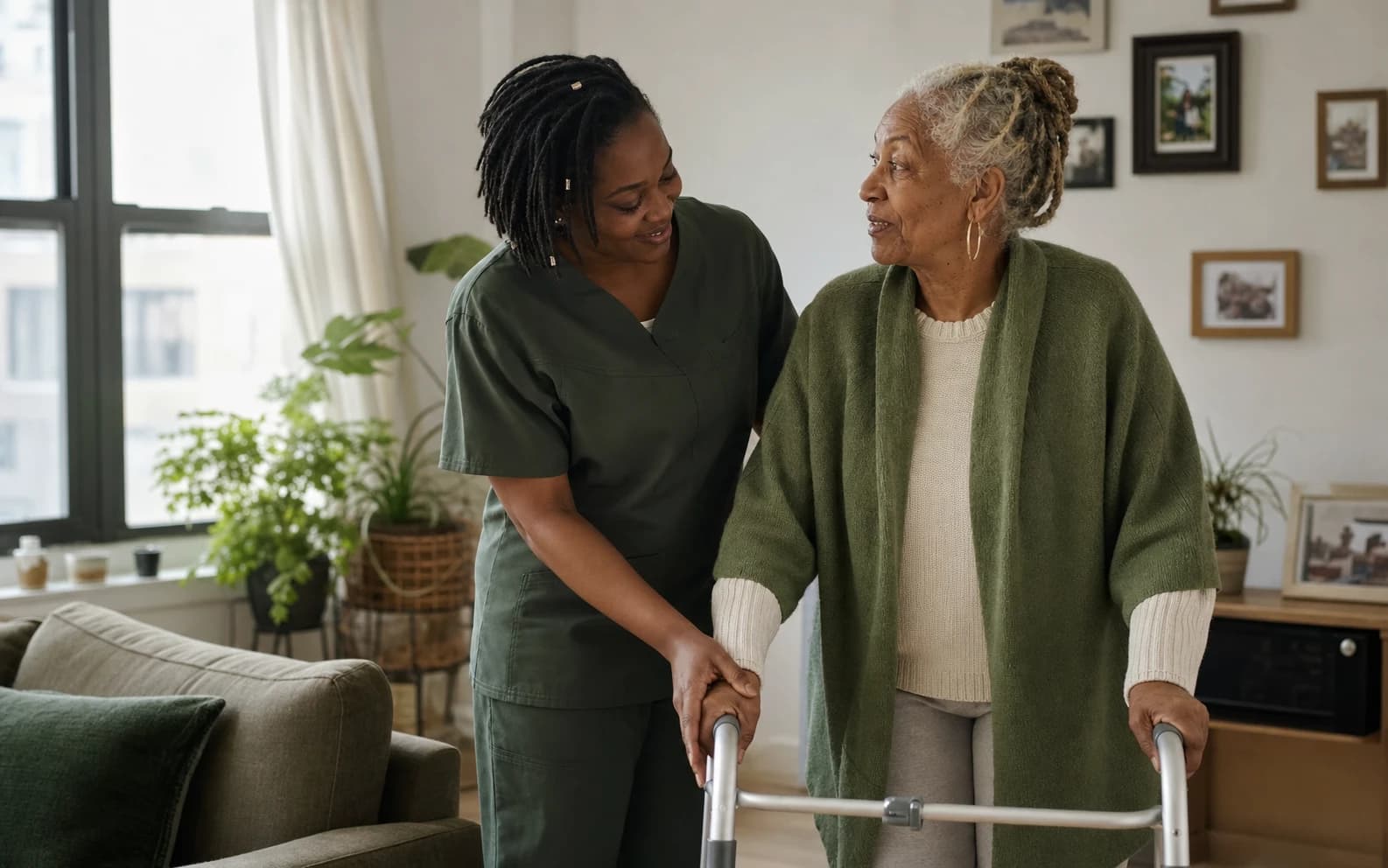 A home health aide helping an older woman stand safely with her walker in Clayton County, GA