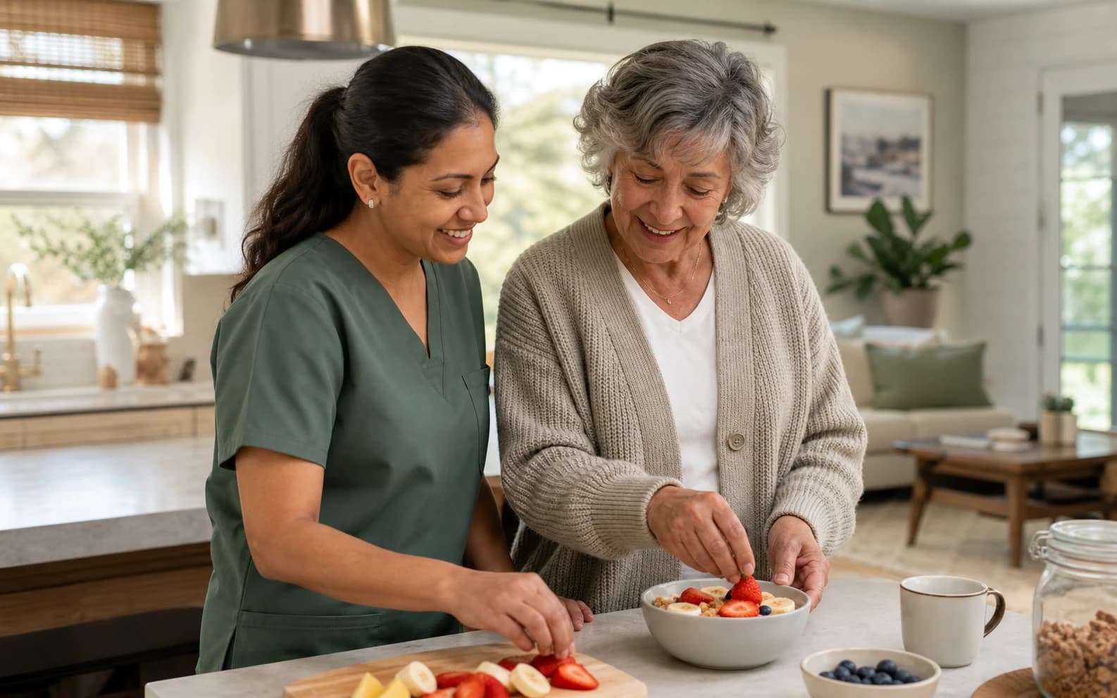 A caregiver preparing a healthy breakfast with an older adult at home serving Dutton, AL