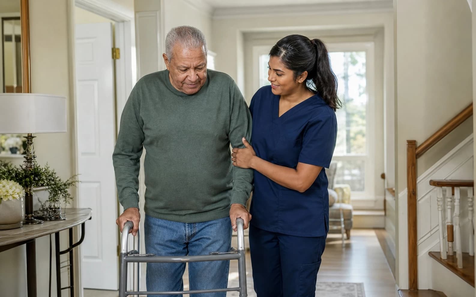 A home health aide helping an older woman stand safely with her walker in Jackson County, AL