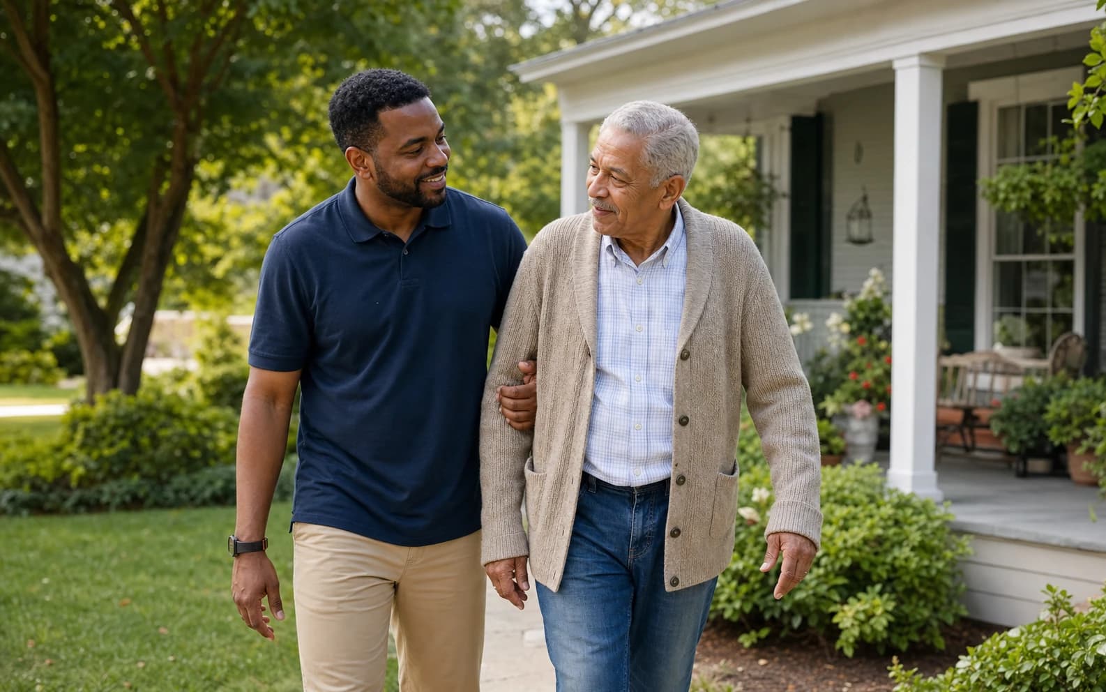 A senior caregiver walking with an older woman outside her home in Jackson County, AL