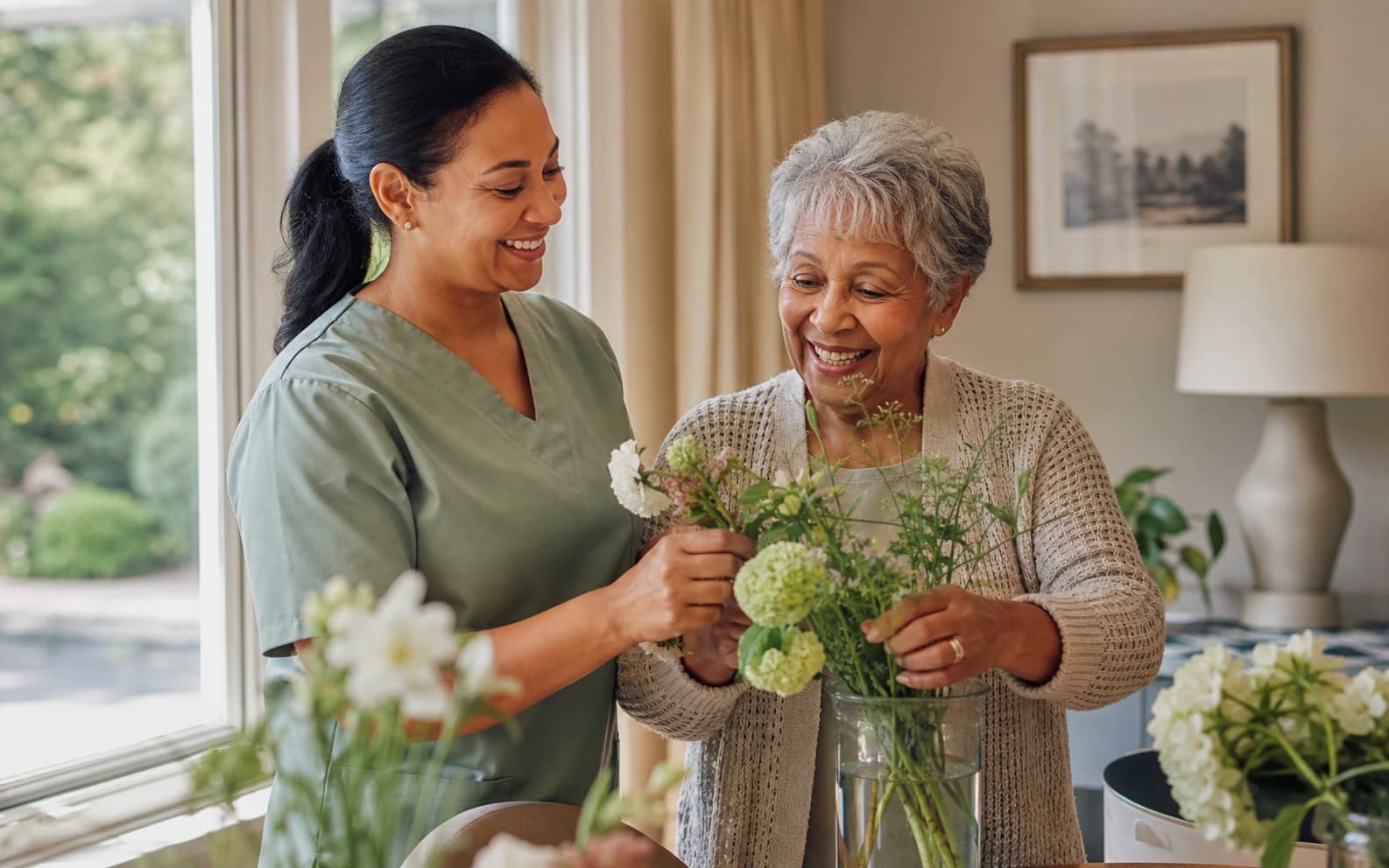A caregiver preparing a healthy breakfast with an older adult at home in Atlantic County, NJ