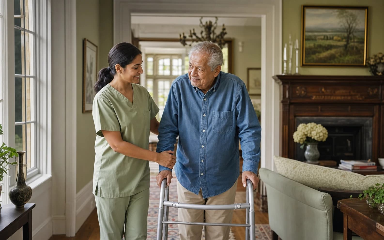 A home health aide helping an older woman stand safely with her walker in Atlantic County, NJ