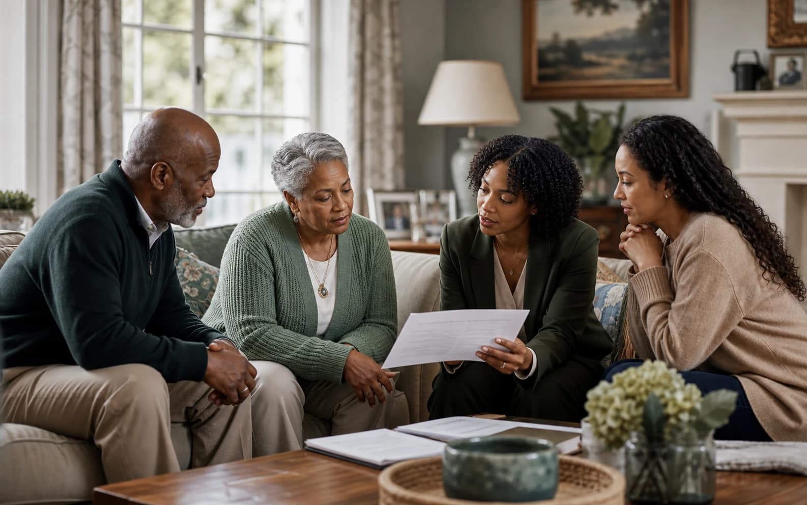 A care coordinator reviewing a homecare plan with an older couple and their daughter in Westchester County