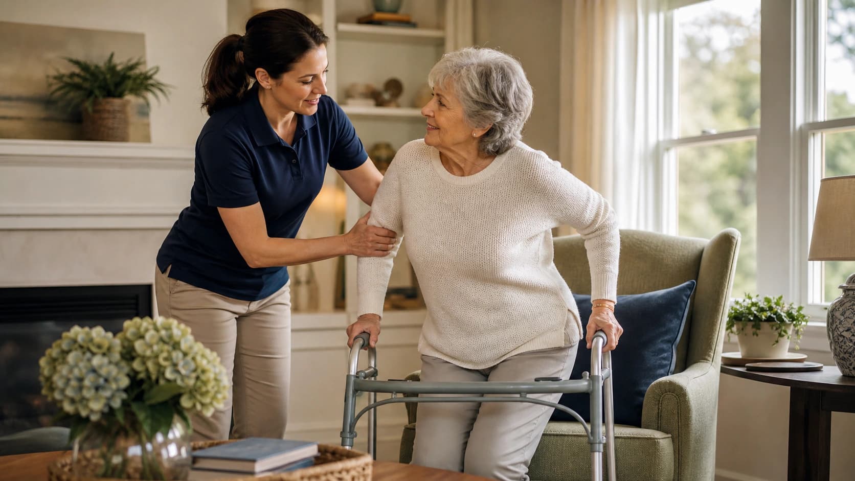 A home health aide helping an older woman stand safely with her walker