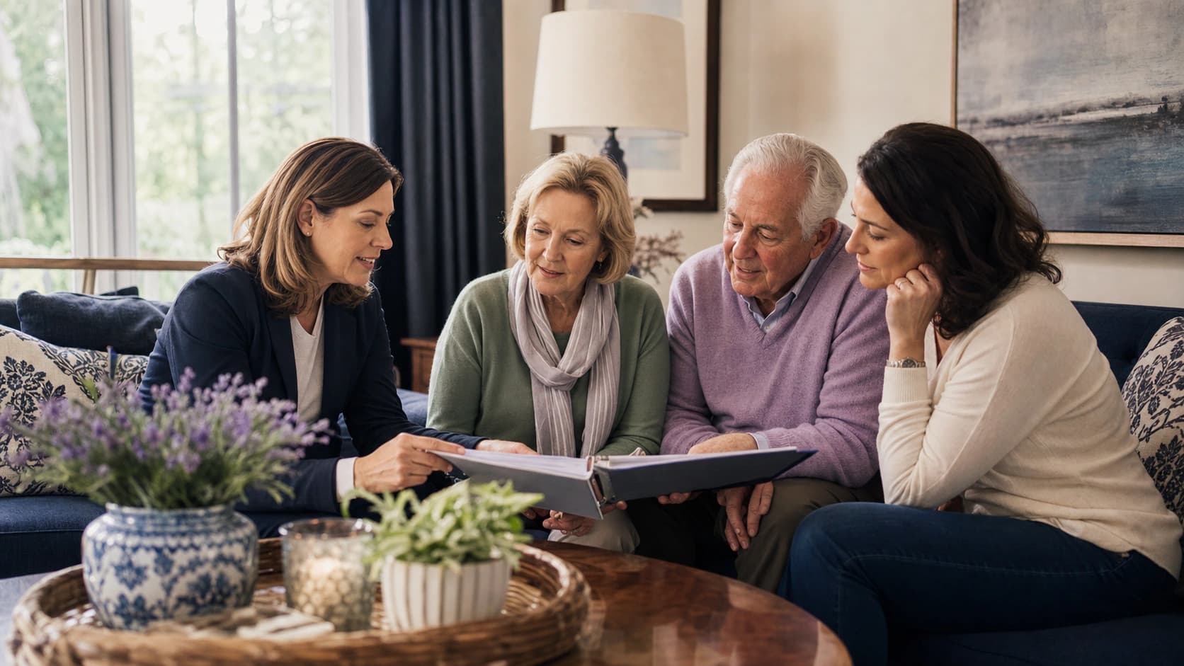 A care coordinator reviewing a homecare plan with an older couple and their daughter