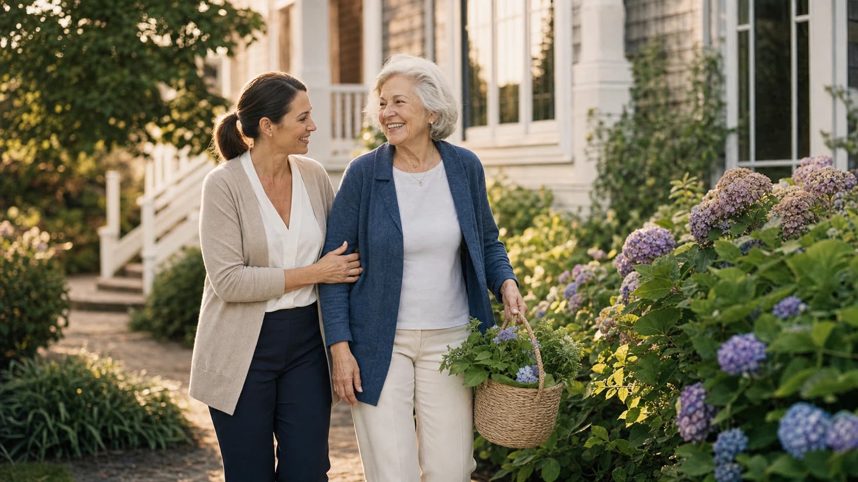 A senior caregiver walking with an older woman outside her home