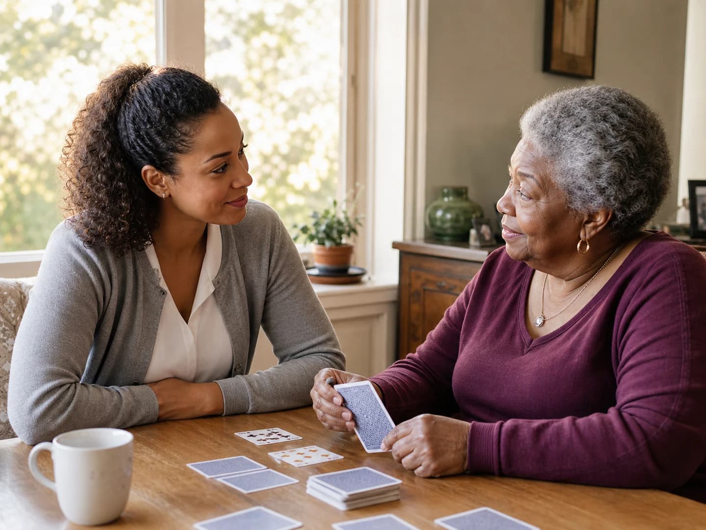 A home caregiver and older adult sharing a relaxed conversation and card game